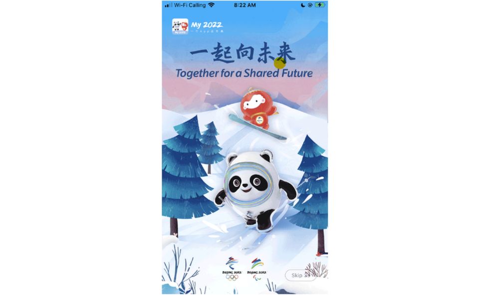 A poster for Beijing Olympics in which pandas are skiing.