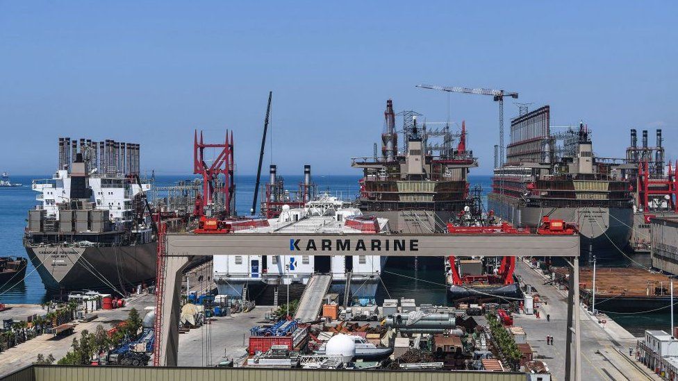 A picture taken on June 16, 2020 shows a general view of Karpowership company's shipyard with powerships at altinova district, in Yalova. - Four years ago, the freight ship was still carrying coal, gravel or sand.