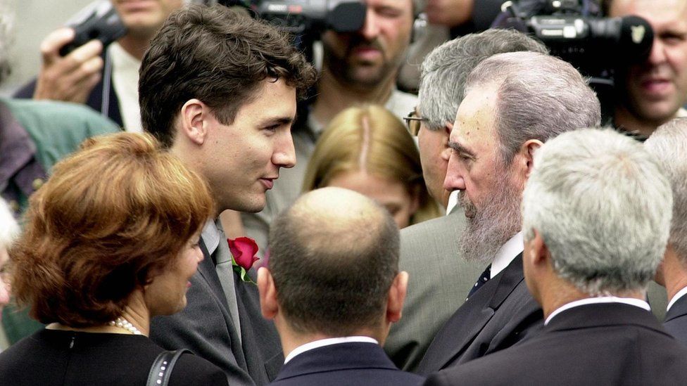 Justin Trudeau and former Cuban leader Fidel Castro at Pierre Trudeau's funeral in 2000