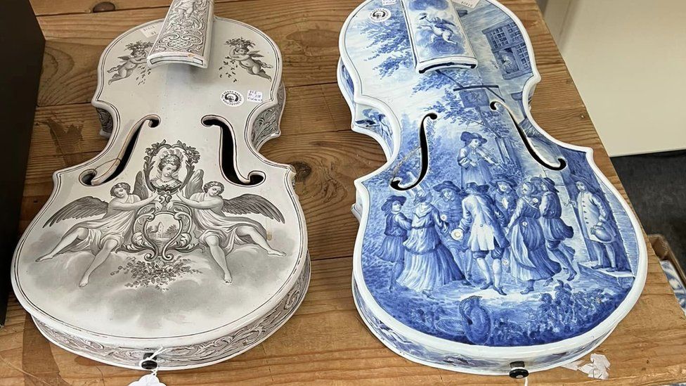 Two French faience models of violins, 19th Century