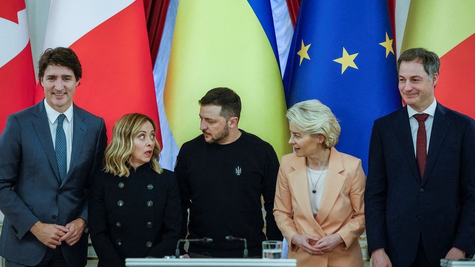 Zelensky (centre) with EU and Canadian leaders
