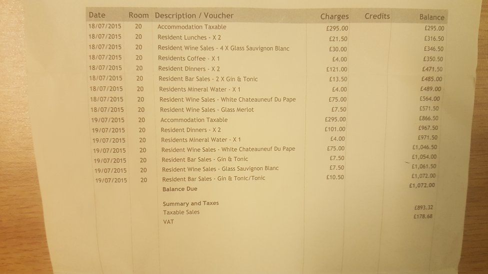 Receipt showing a bill for more than £1,000