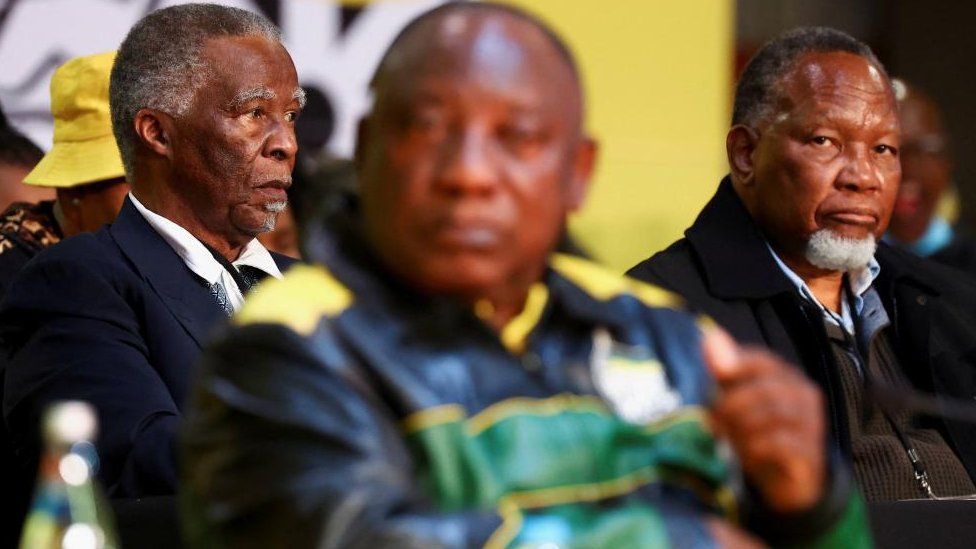 Former South African Presidents Thabo Mbeki and Kgalema Motlanthe and current President Cyril Ramaphosa look on during the African National Congress (ANC) national policy conference at the Nasrec Expo Centre in Johannesburg, South Africa, July 29, 2022