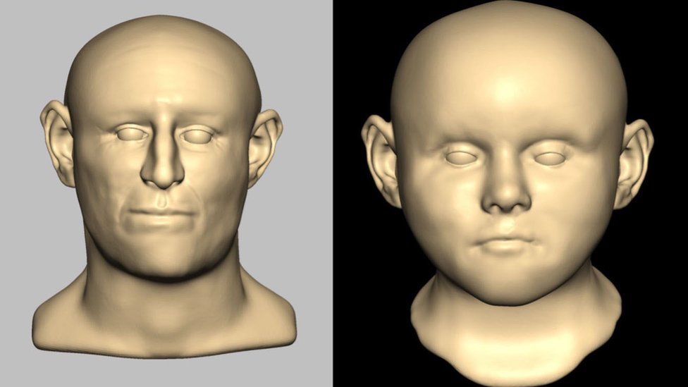 A reconstructed face of a male adult (left) and a child (right) based on skeletal remains