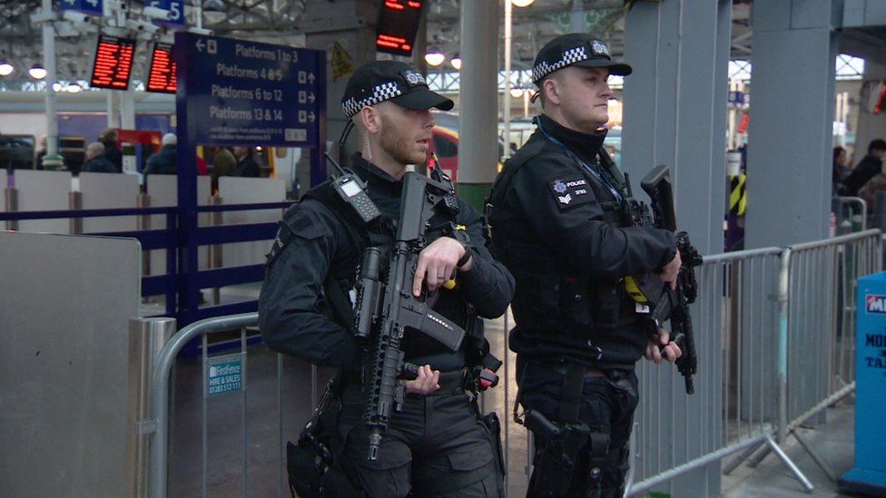 British Transport Police armed counter-terrorism officers at Manchester's Piccadilly station