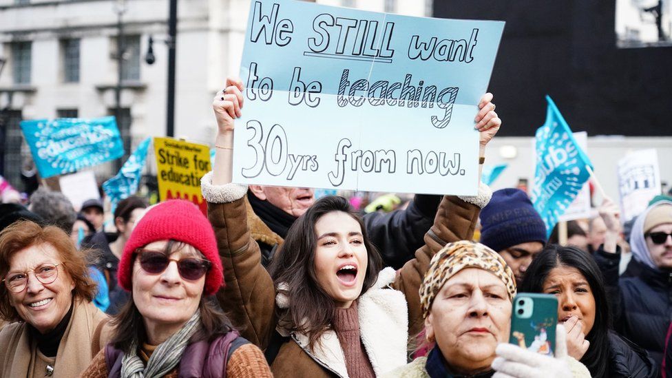 Striking teachers with signs