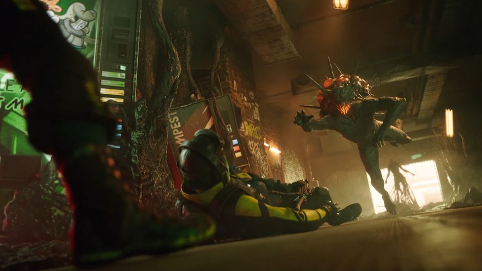 An alien creature leaps through the air towards a stricken human wearing military gear in this Rainbow Six Extraction screenshot