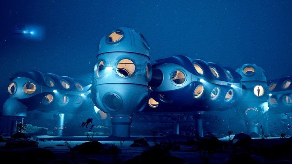 A futuristic artist's impression showing pods for humans under the sea