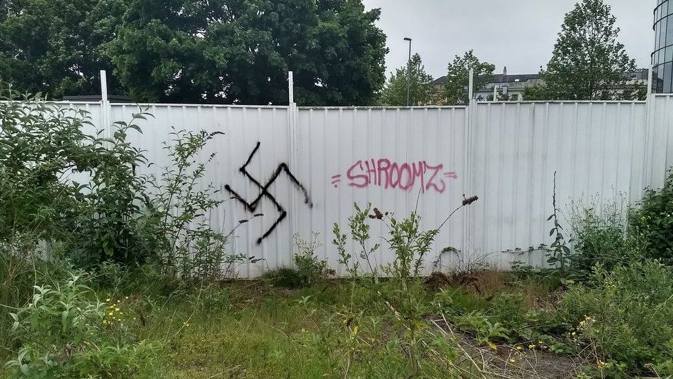 A swastika tag left on the University of South Wales' Newport City Campus