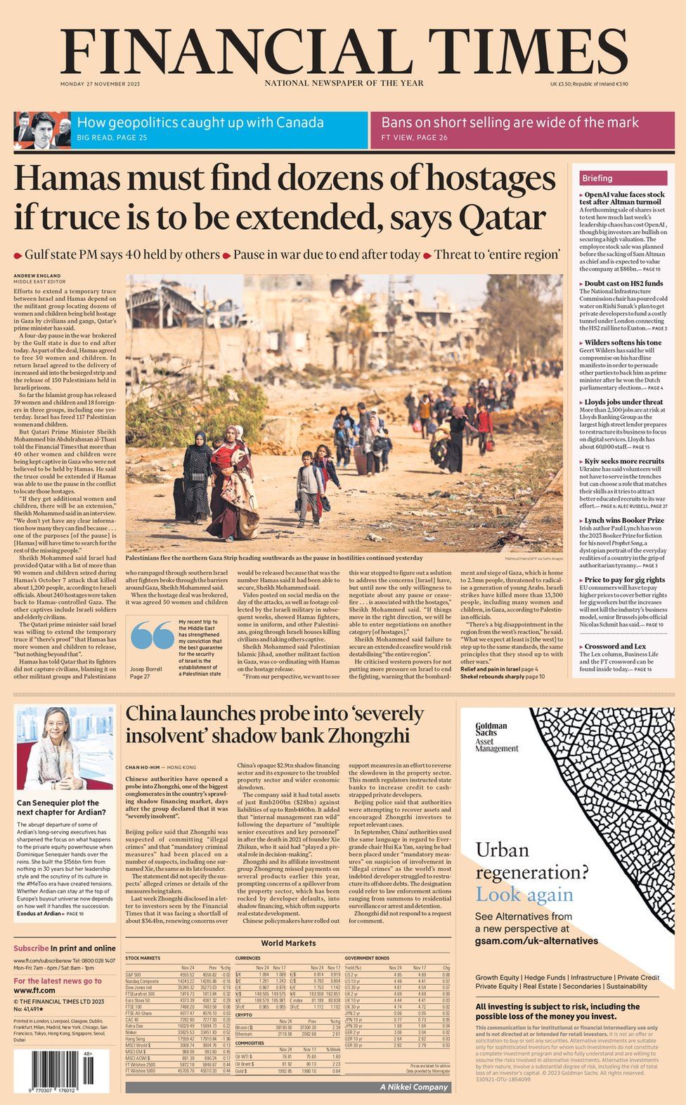 Hamas must locate dozens more hostages to extend truce, says Qatar, according to Monday's front page of the Financial Times