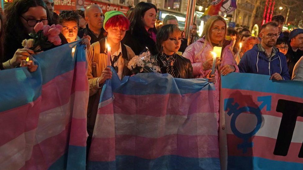 Members of the public attend a candle-lit vigil at the Spire on O'Connell Street in Dublin, in memory of transgender teenager Brianna Ghey.