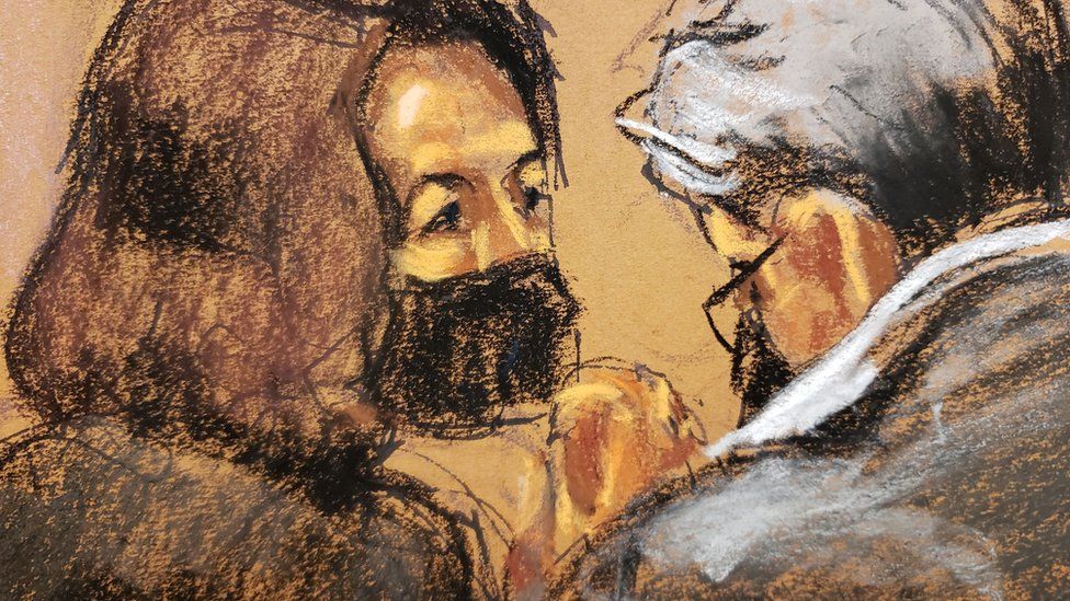 Defence attorney Bobbi Sternheim speaks with Jeffrey Epstein associate Ghislaine Maxwell during her trial in a courtroom sketch in New York City, US, on 28 December 2021