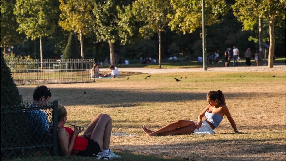 A woman basks in the sun at the Champ de Mars park, next to Eiffel Tower, as the temperature of Paris reaches up to 36-celsius degrees, in Paris, France, 07 August 2020