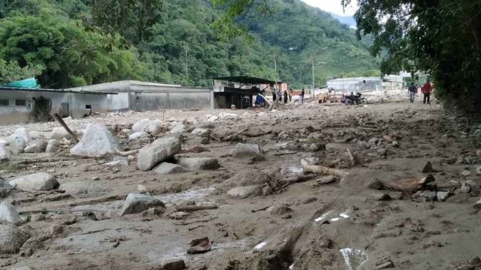 A view of an area covered in mud and rocks following flash flooding in Tovar, Merida State, Venezuela August 25, 2021
