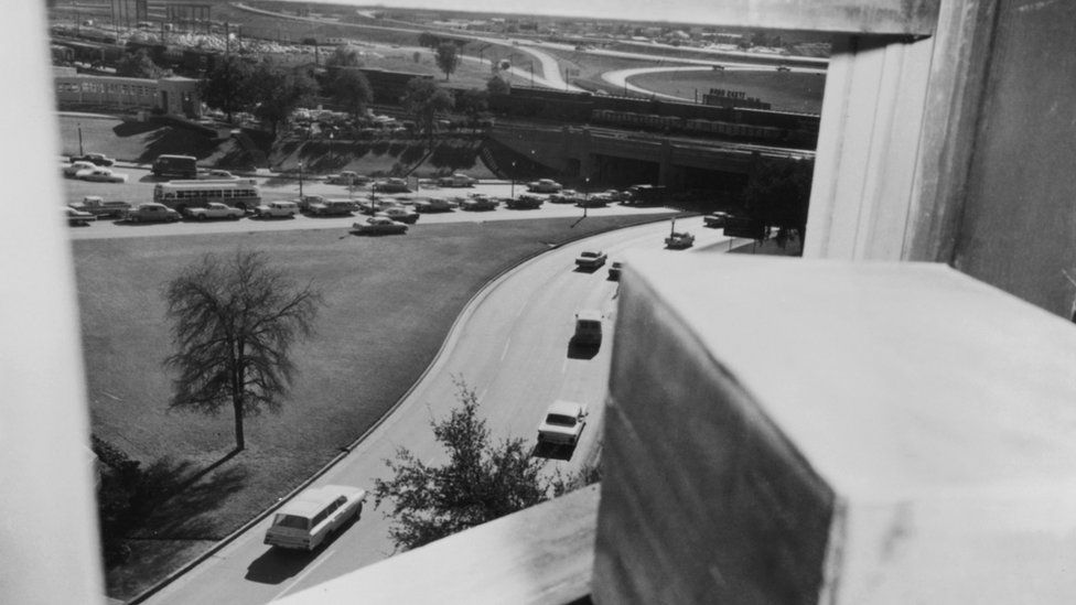 The view from the sixth floor of the Book Depository, taken one hour after the assassination