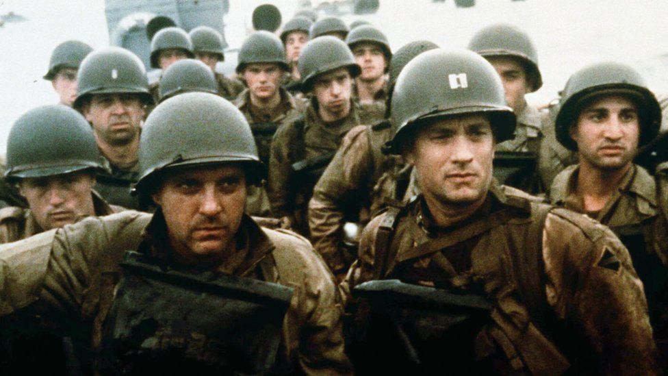 Sizemore, and Tom Hanks and many other actors in US Army uniforms in Saving Private Ryan