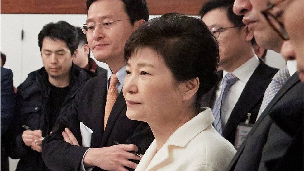 South Korean President Park Geun-hye listens to a reporter's question during a meeting with reporters at the Presidential Blue House in Seoul, South Korea, in this handout picture provided by the Presidential Blue House and released by Yonhap on 1 January 2017.