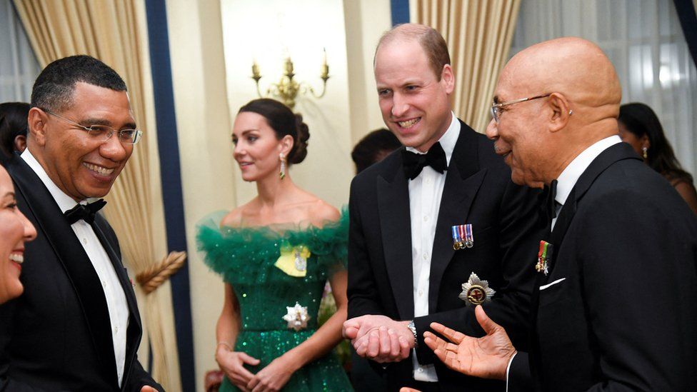 The Duke and Duchess of Cambridge with Jamaican Prime Minister Andrew Holness and Governor General of Jamaica Patrick Allen during a dinner