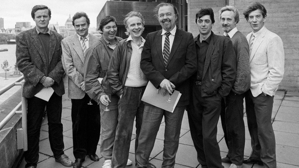 National Theatre Team in 1984: Sir Peter Hall (bearded) Richard Eyre (2nd left), David Hare (left), Ian McKellen (right), Edward Petherbridge (2nd right), Michael Bogdanov (3rd left) Bill Bryden (3rd right) Peter Gill (4th left)