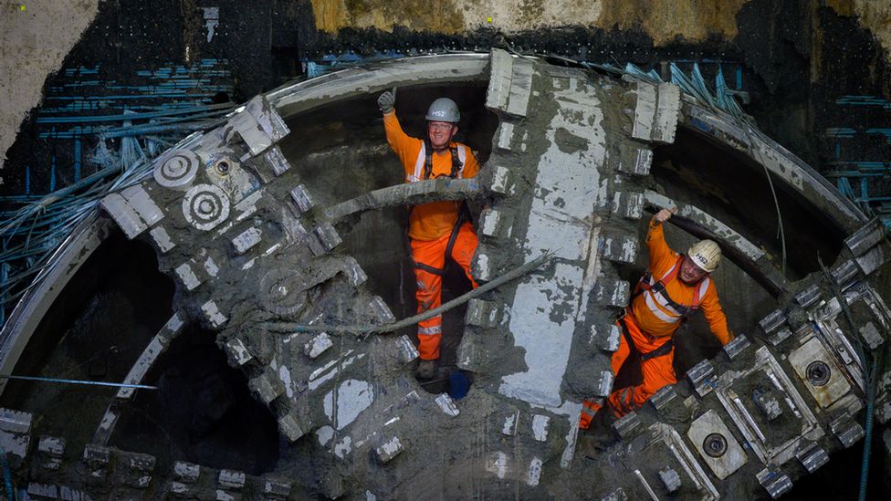 HS2 tunnellers operating at tunnel boring machine celebrate breaking through into the Old Oak Common Box