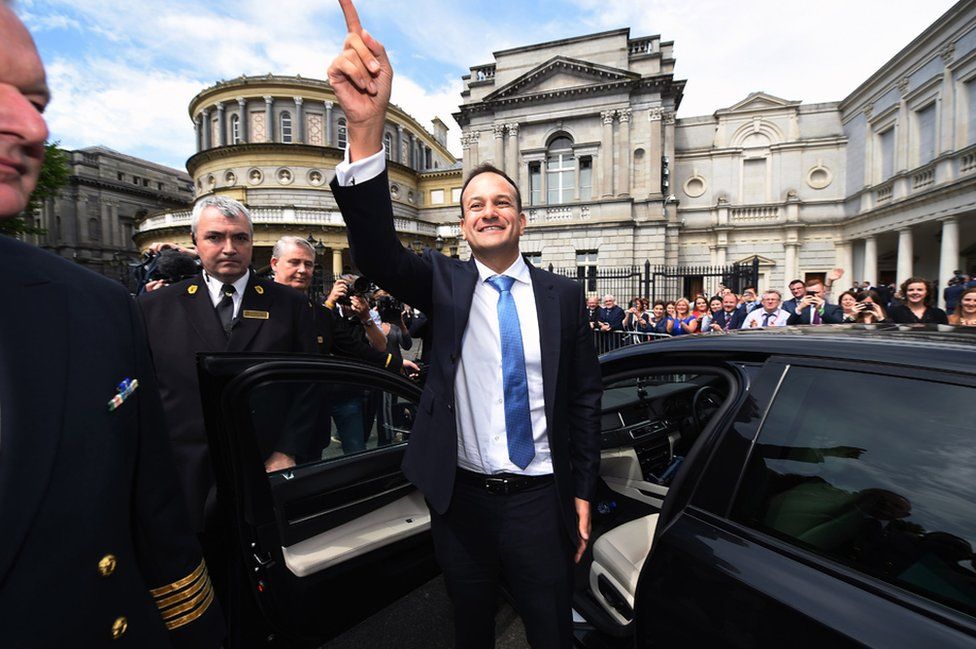 New Irish taoiseach Leo Varadkar waves to well-wishers at Leinster House after being elected as taoiseach on 14 June 2017 in Dublin, Ireland.