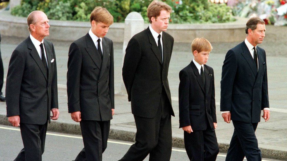 Duke of Edinburgh, Prince William, Earl Spencer, Prince Harry and Prince Charles walking behind Diana's coffin