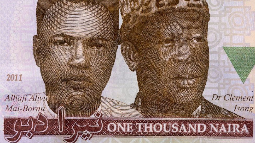 A close up of the 1,000 naira note with its value written in Roman and Arabic script