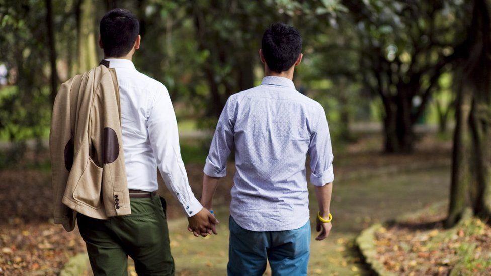 Gay male couple holding hands