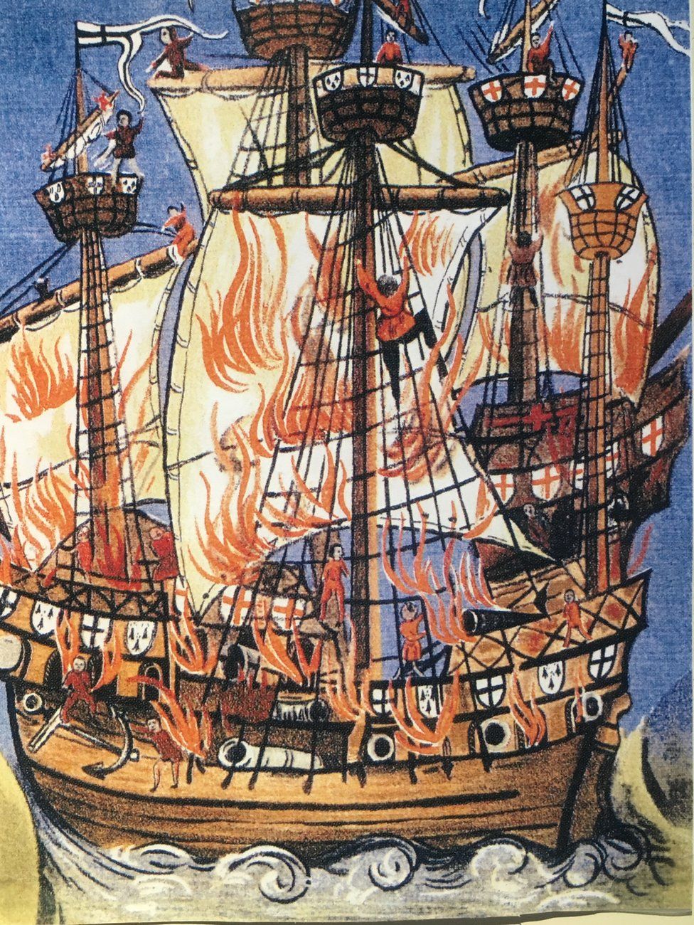 An illustration in an old-fashioned style shows a wooden tall ship ablaze as some figures work upon its decks on its ropes