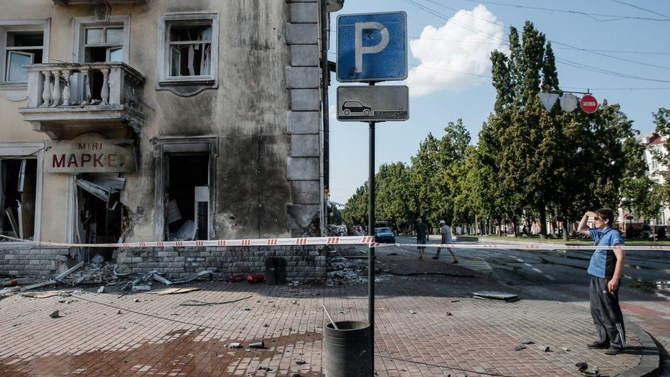 The scene of a missile hit the Drama Theatre in central Chernihiv