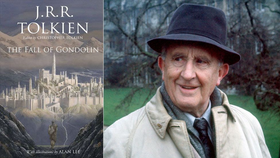 The Fall of Gondolin book cover and JRR Tolkien in 1968