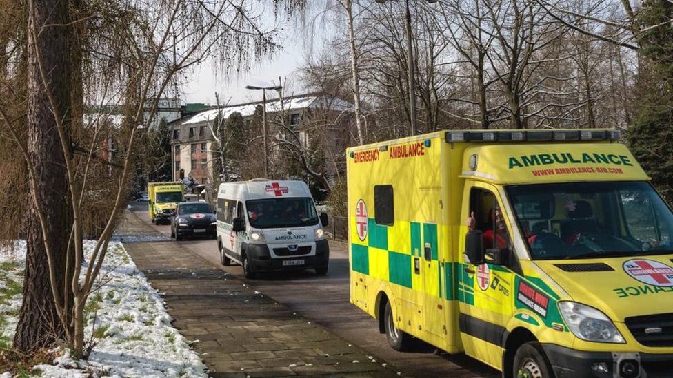 Convoy of ambulances on a road in Poland