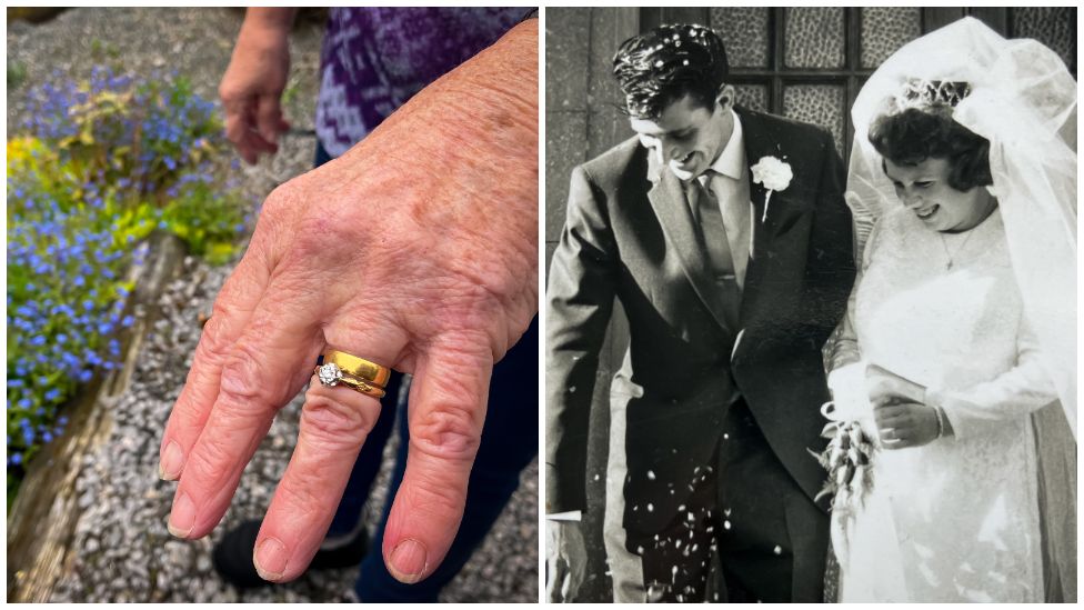 two pictures, one a close up of Marilyn's hand with the ring and the other of Marilyn and Pete on their wedding day