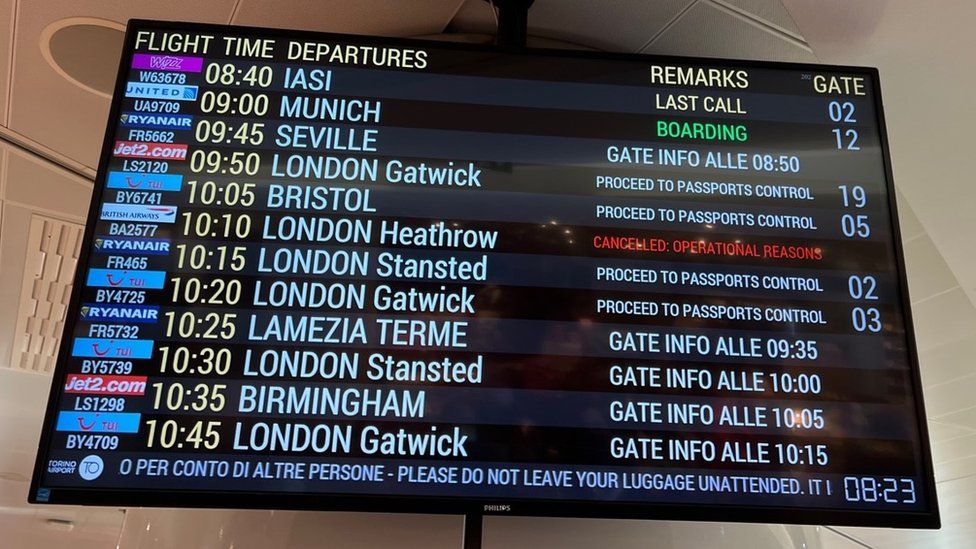 Departure board in Turin showing cancellation