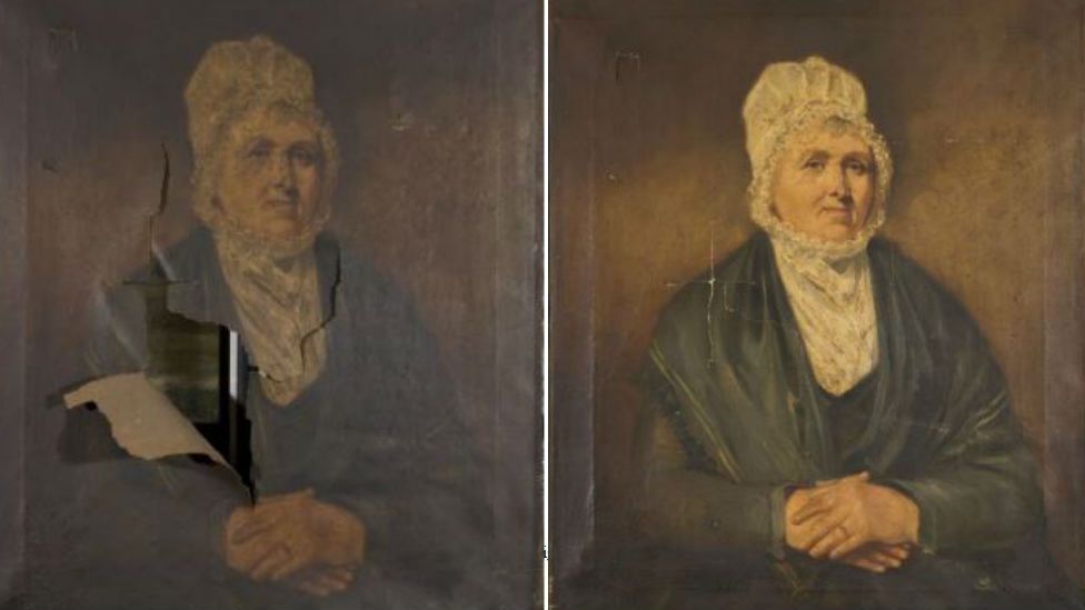 A portrait of the Dock Master's Wife had a large rip and has been cleaned and retouched