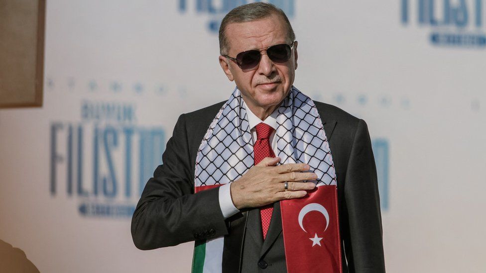 Turkish President, Recep Tayyip Erdogan, attends a rally in solidarity with Palestinians in Istanbul on 28 October 2023