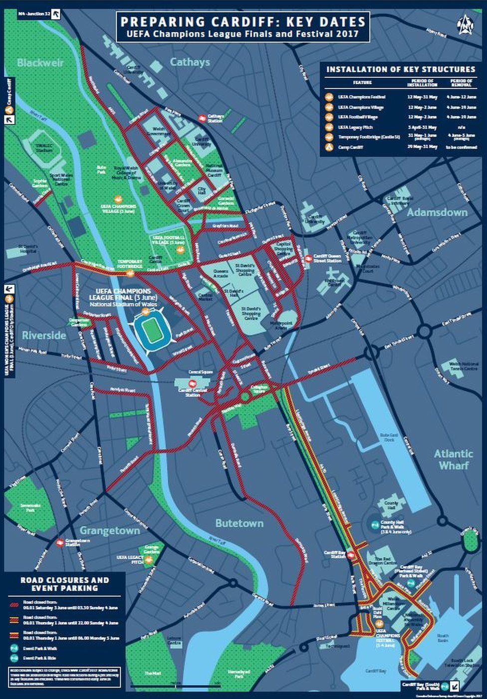 Map showing the road closures in the city centre