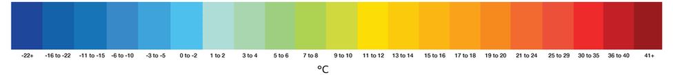 Key showing colour scale from dark blue at -22c up to dark red at 41c