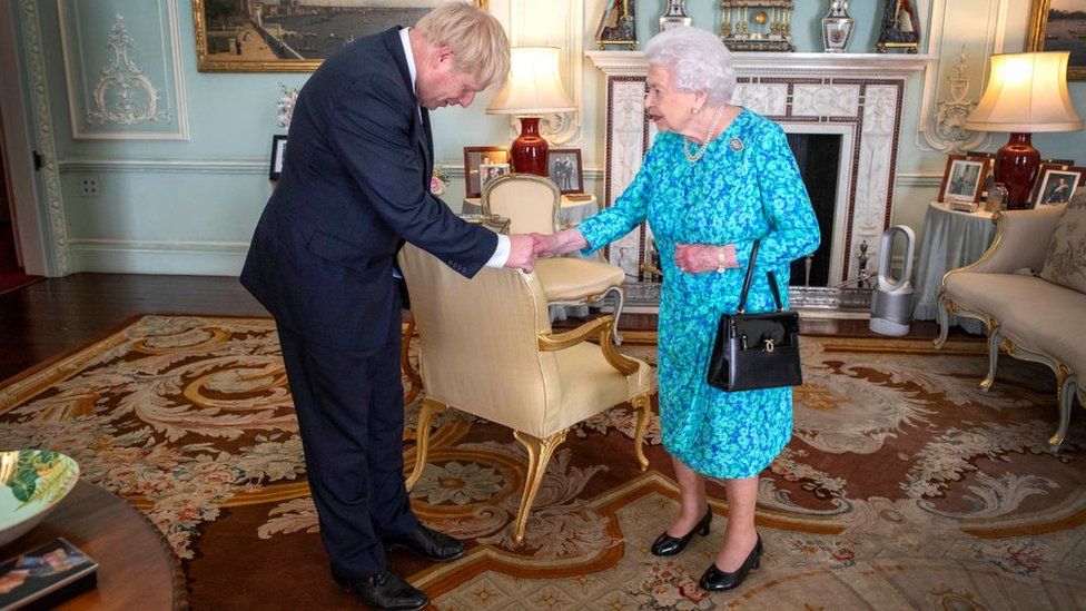 The Queen meeting Boris Johnson to invited him to become prime minister in Buckingham Palace in July
