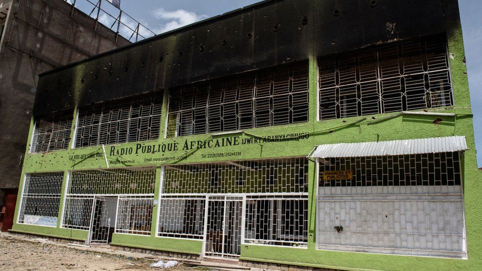 The damaged facade of Burundi's main independent radio station African Public Radio (RPA, Radio Publique Africaine) in Bujumbura, after it was attacked by supporters of President Pierre Nkurunziza in 2015