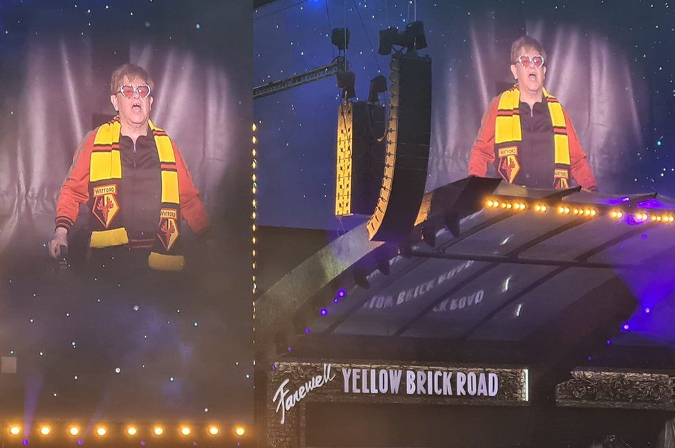 Sir Elton John performing at Vicarage Road stadium on 3 July