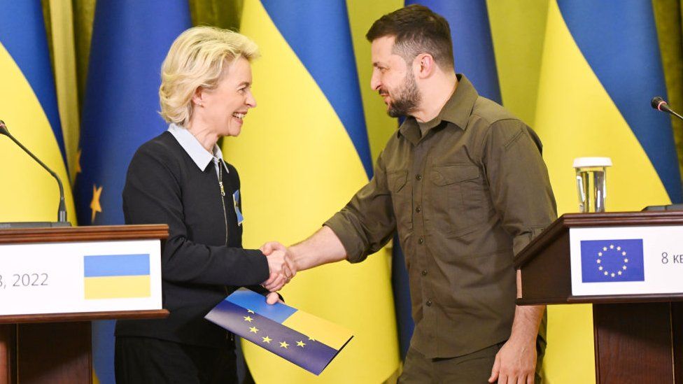 ประธานคณะกรรมาธิการยุโรป Ursula von der Leyen พบกับประธานาธิบดียูเครน Volodymyr Zelensky ที่เมืองเคียฟ ประเทศยูเครน เมื่อวันที่ 8 เมษายน 2022