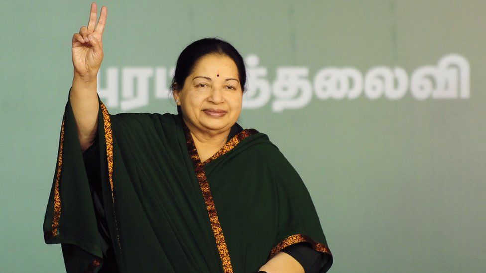 Jayaram Jayalalitha, leader of the Anna Dravida Munnetra Kazhagam (AIADMK) state political party, gestures during a campaign rally in Chennai on 9 April, 2016