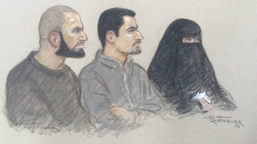Court sketch of (l-r) Mohammed Ali Ahmed, Zakaria Boufassil and Soumaya Boufassil