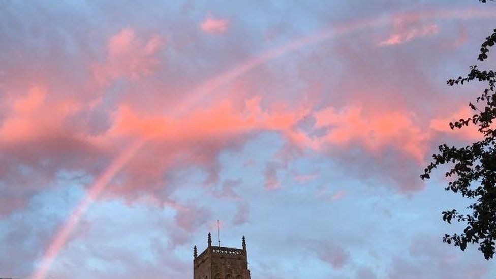 Pink rainbow over Mark in Somerset