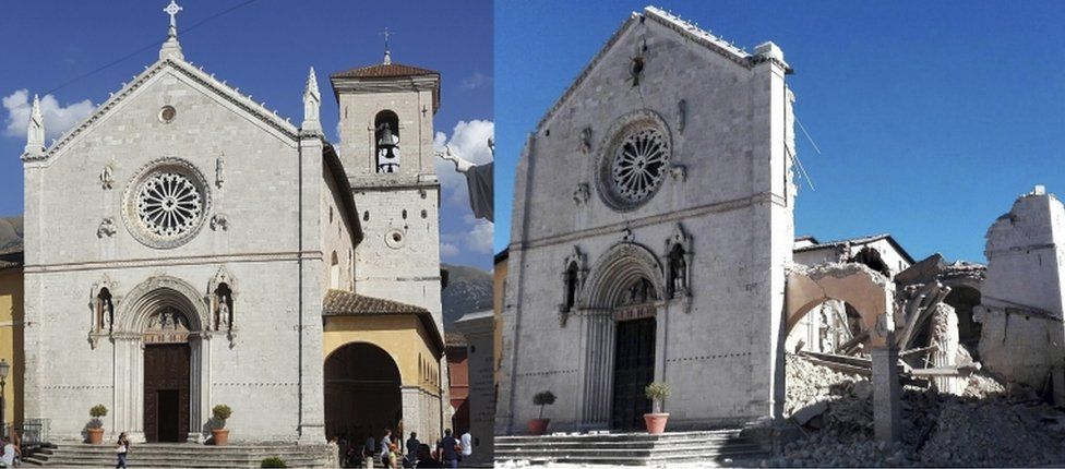 На фото до и после повреждения собора Святого Бенедикта 14 века