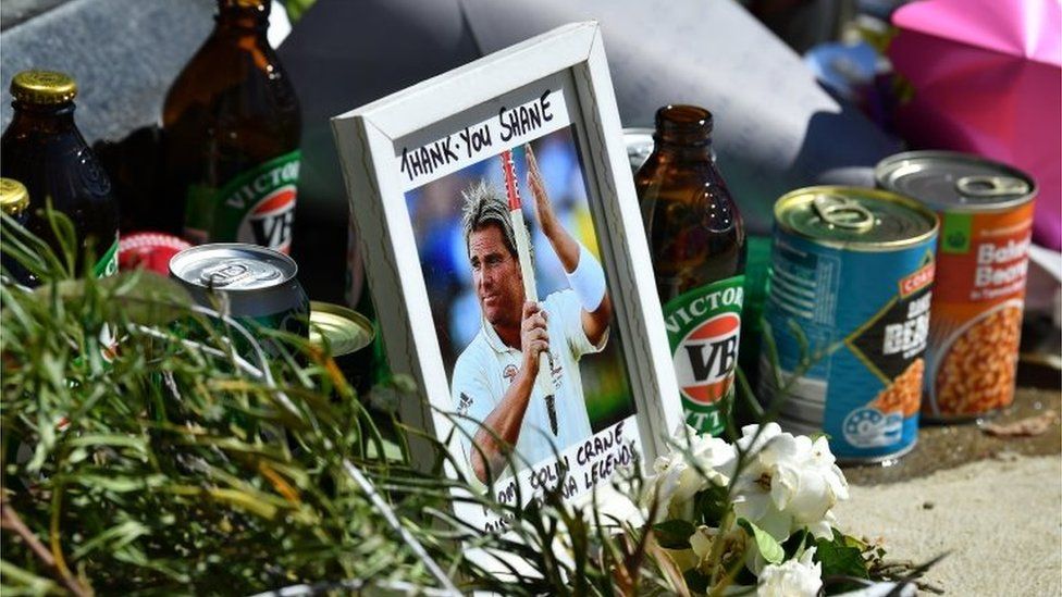 Tributes to Australian cricketer Shane Warne outside the MCG in Melbourne, Australia, 07 March 2022.