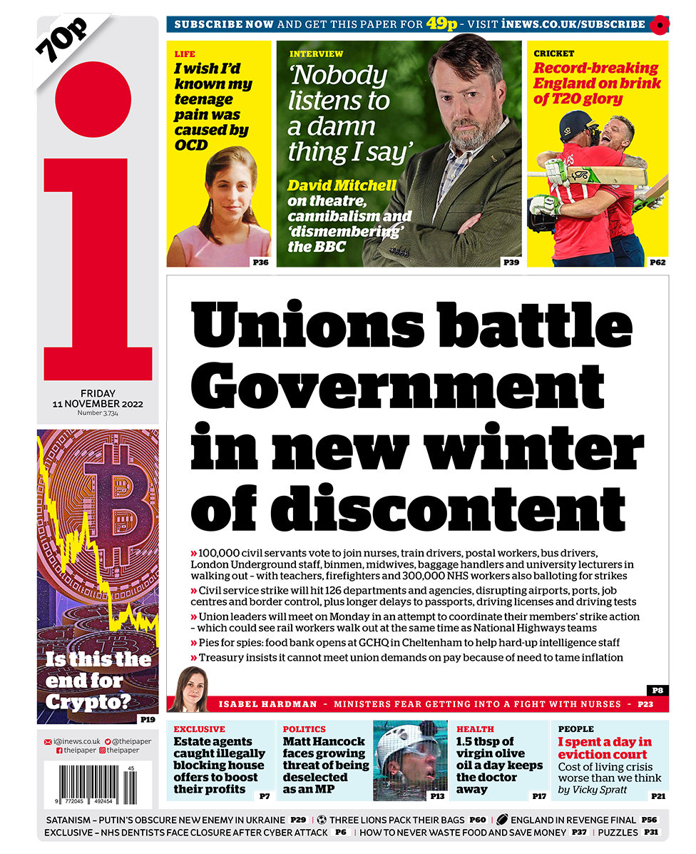 The headline in the i reads: "Unions battle government in new winter of discontent"