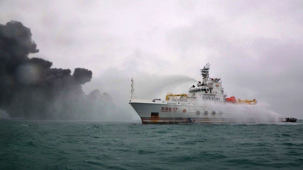 A Chinese fire-fighting vessel tackles the blaze on the Sanchi