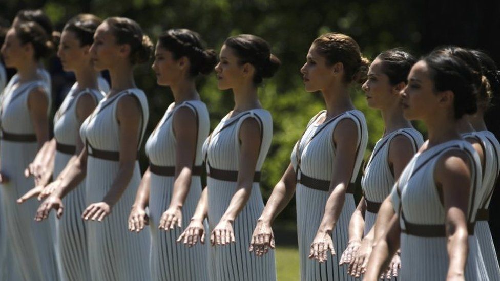 Priestesses attend the Olympic flame lighting ceremony for the Rio 2016 Olympic Games inside the ancient Olympic Stadium on the site of ancient Olympia (21 April 2016)